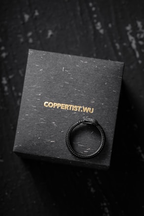 A dark textured box with the brand name COPPERTIST.WU is displayed, topped by a black ring resembling a serpent biting its own tail.