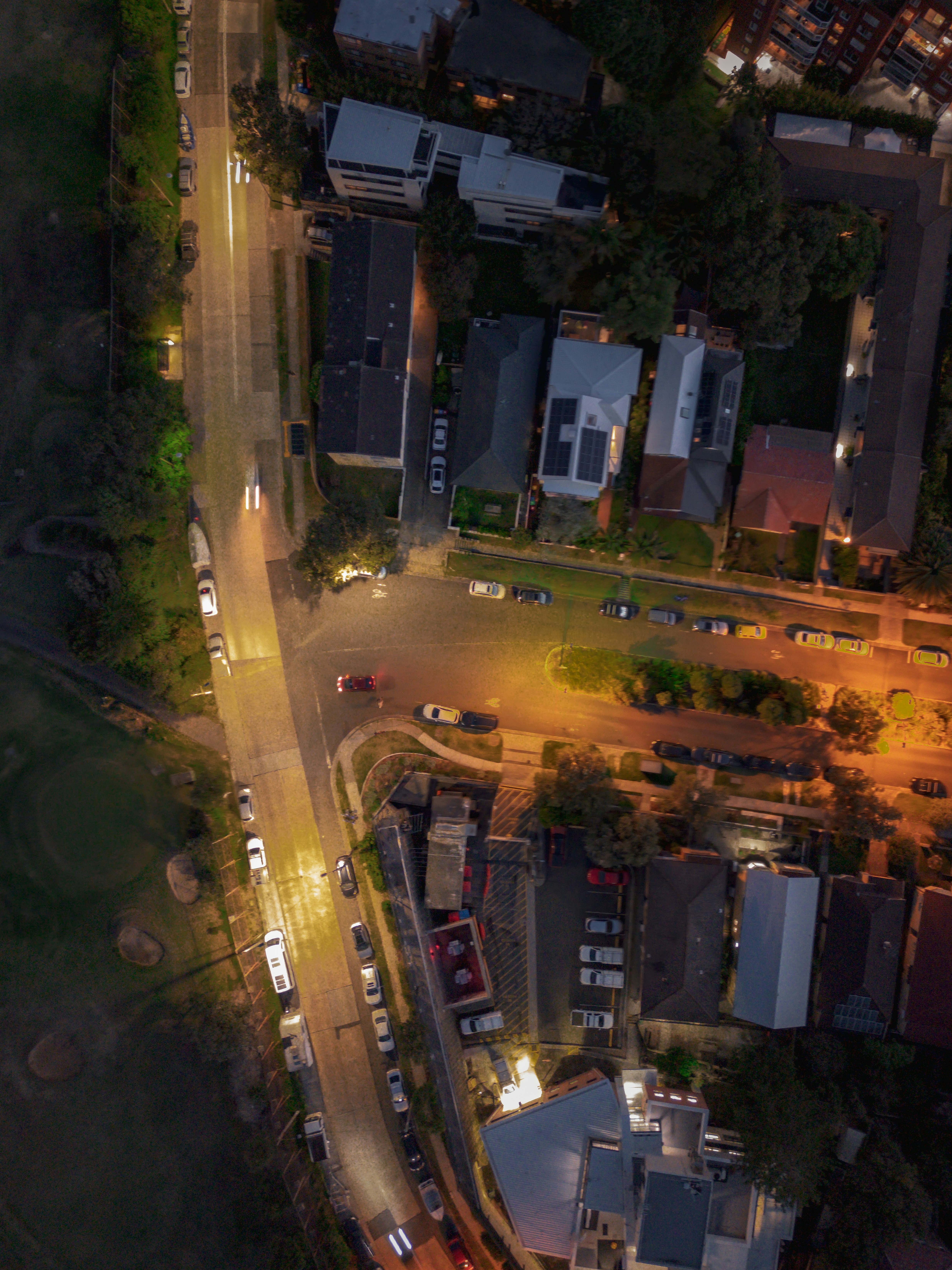 an aerial view of a city at night