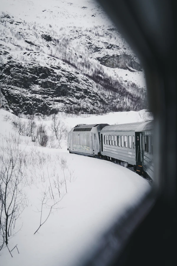 Train crossing a snow-covered landscape in Norway