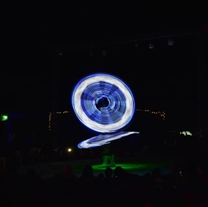 Performer wearing a glowing LED robot costume in a dynamic night show