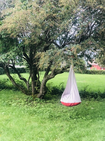 A spacious garden swing with plush cushions, framed by blooming flowers and leafy greenery.