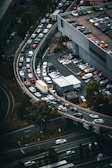 Aerial view of a busy transportation hub with vehicles.