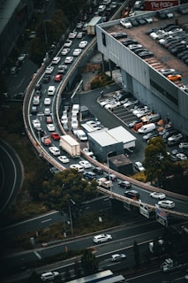 Aerial view of a busy transportation hub with vehicles.