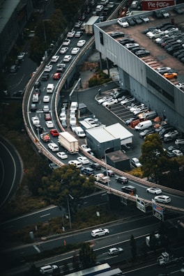 Aerial view of a busy transportation network with vehicles.