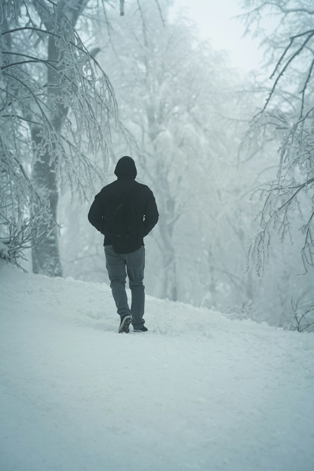 a man walking through a snow covered forest