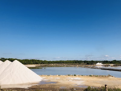 Several large white mounds of salt are located near a calm body of water, with clear blue skies overhead. The landscape is flat, and there is a line of green trees in the distance. The ground appears dry and rocky, with patches of standing water around the salt mounds.