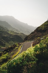 a winding road in the mountains on a foggy day