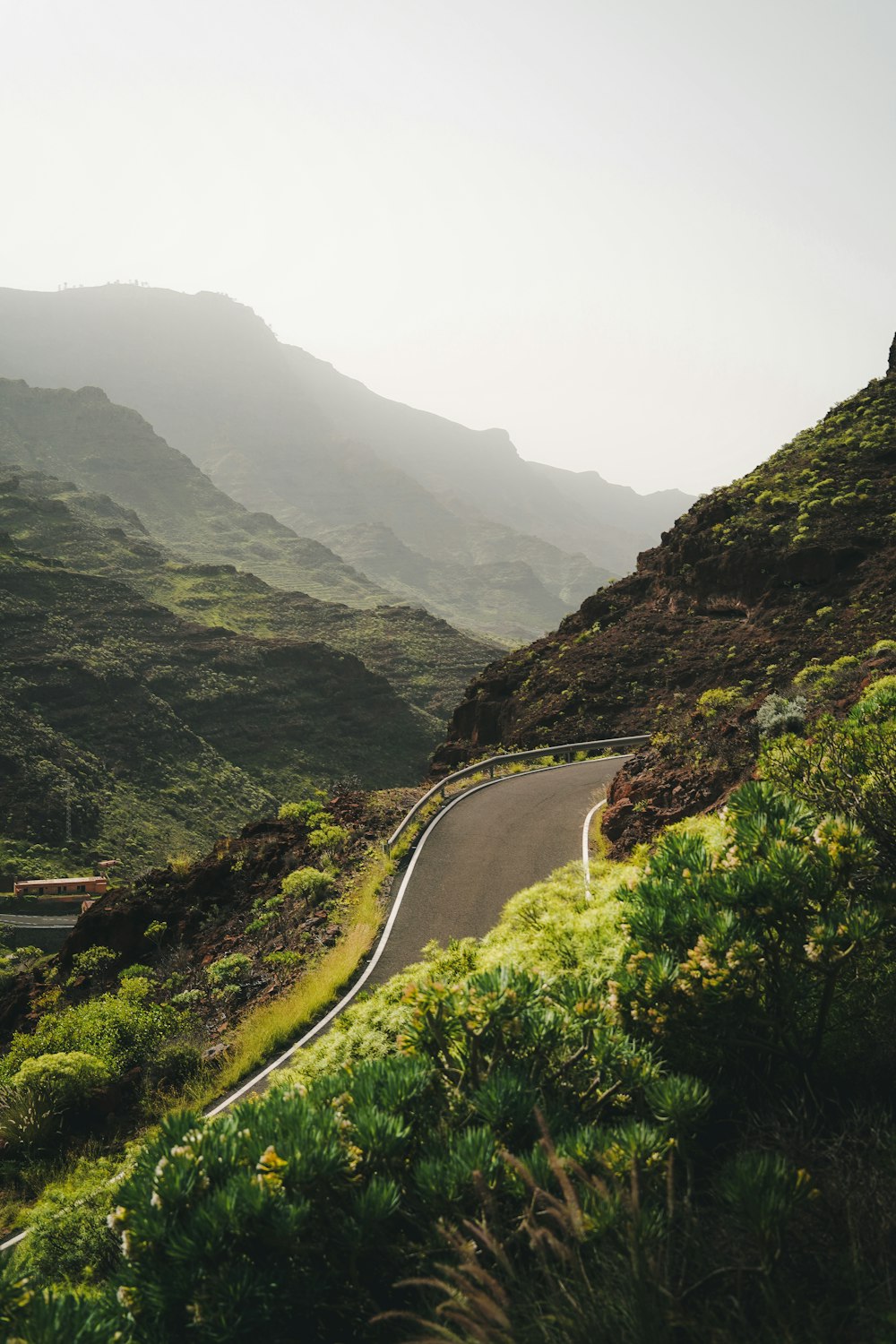 a winding road in the mountains on a foggy day