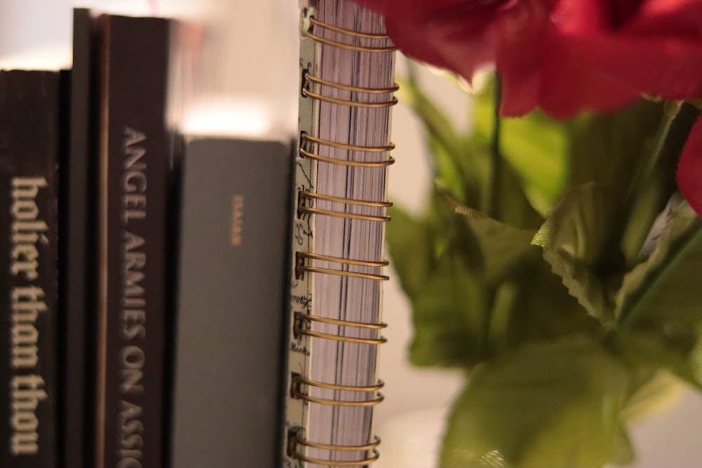 a close up of a book near a vase with flowers