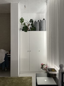 A minimalist room features a white wardrobe with potted plants and cat-themed storage baskets on top. The room is well-lit with natural light filtering through sheer curtains. A small desk with a chair and a draped jacket is partially visible. A green rug lies on the floor, and a black table holds a vase of flowers and a fruit basket next to a closed laptop.