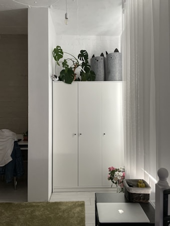 A minimalist room features a white wardrobe with potted plants and cat-themed storage baskets on top. The room is well-lit with natural light filtering through sheer curtains. A small desk with a chair and a draped jacket is partially visible. A green rug lies on the floor, and a black table holds a vase of flowers and a fruit basket next to a closed laptop.