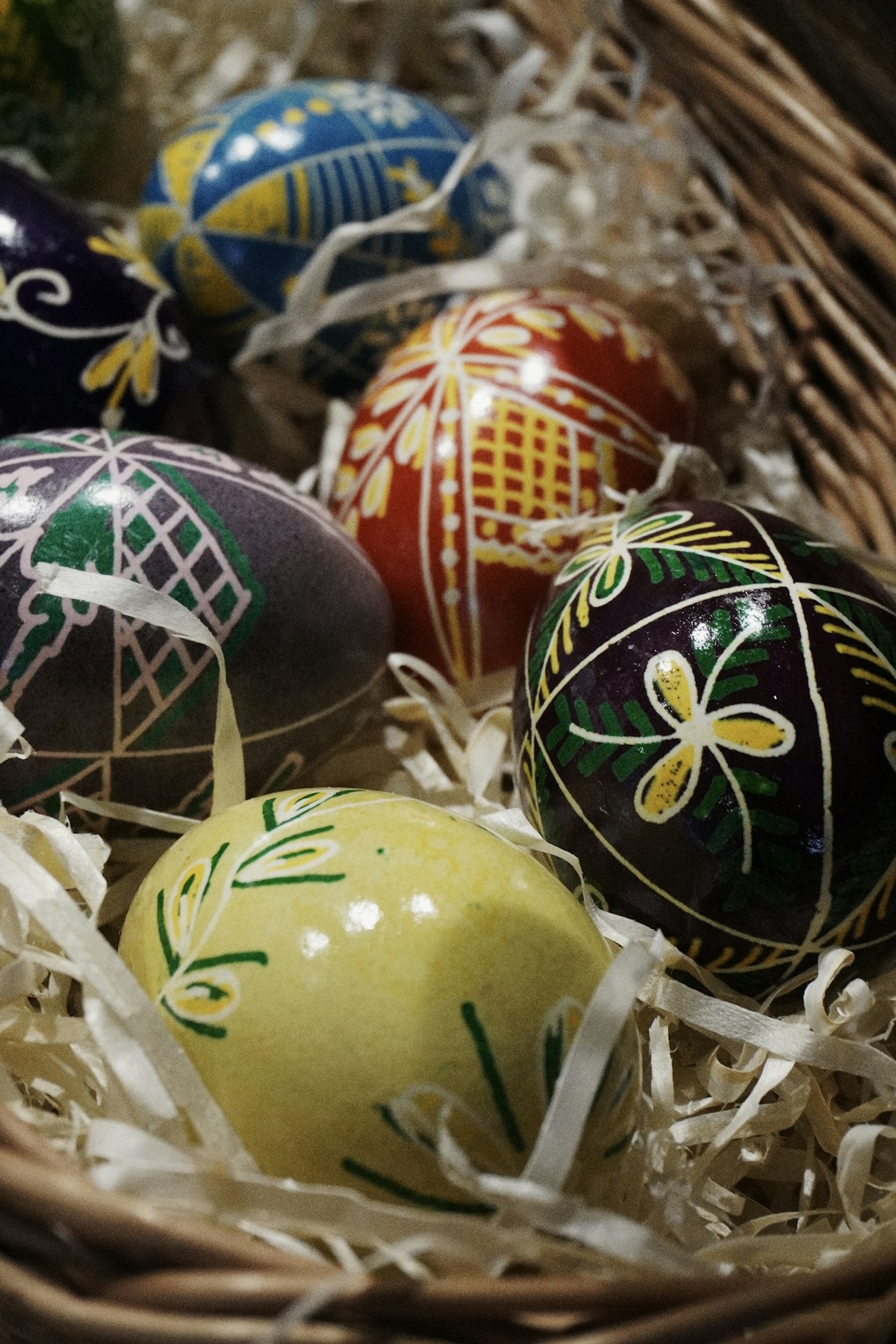 Decorated Easter eggs in a basket