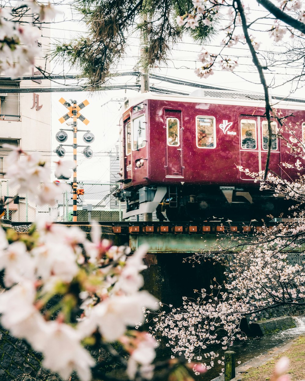 a red train is going over a bridge