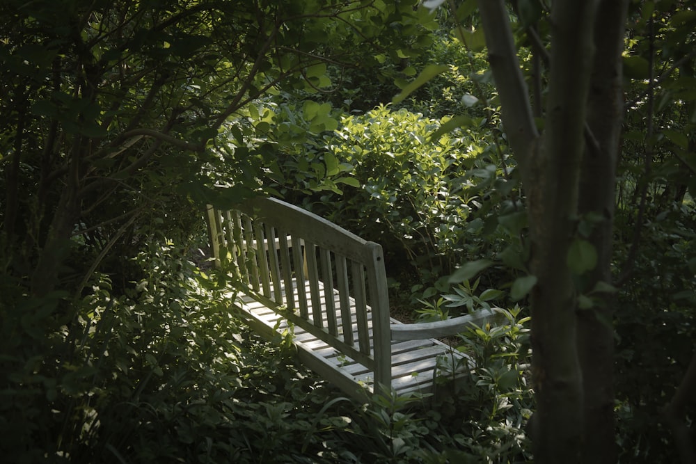 a white bench sitting in the middle of a forest