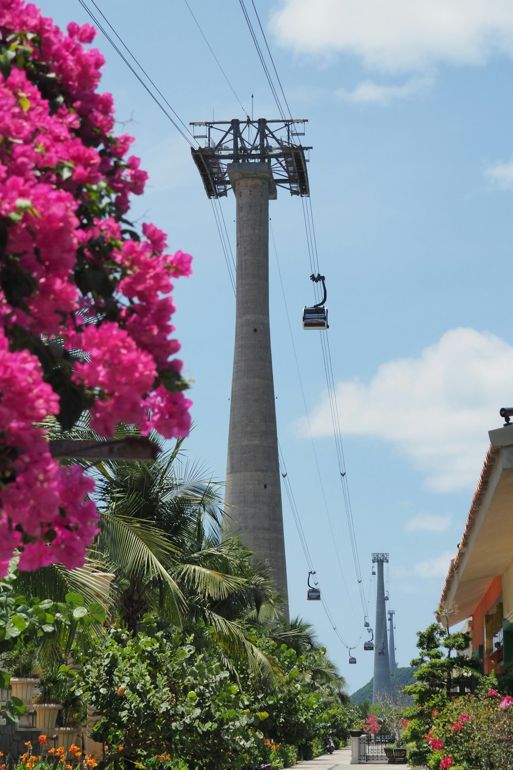 a view of a street with a tower in the background