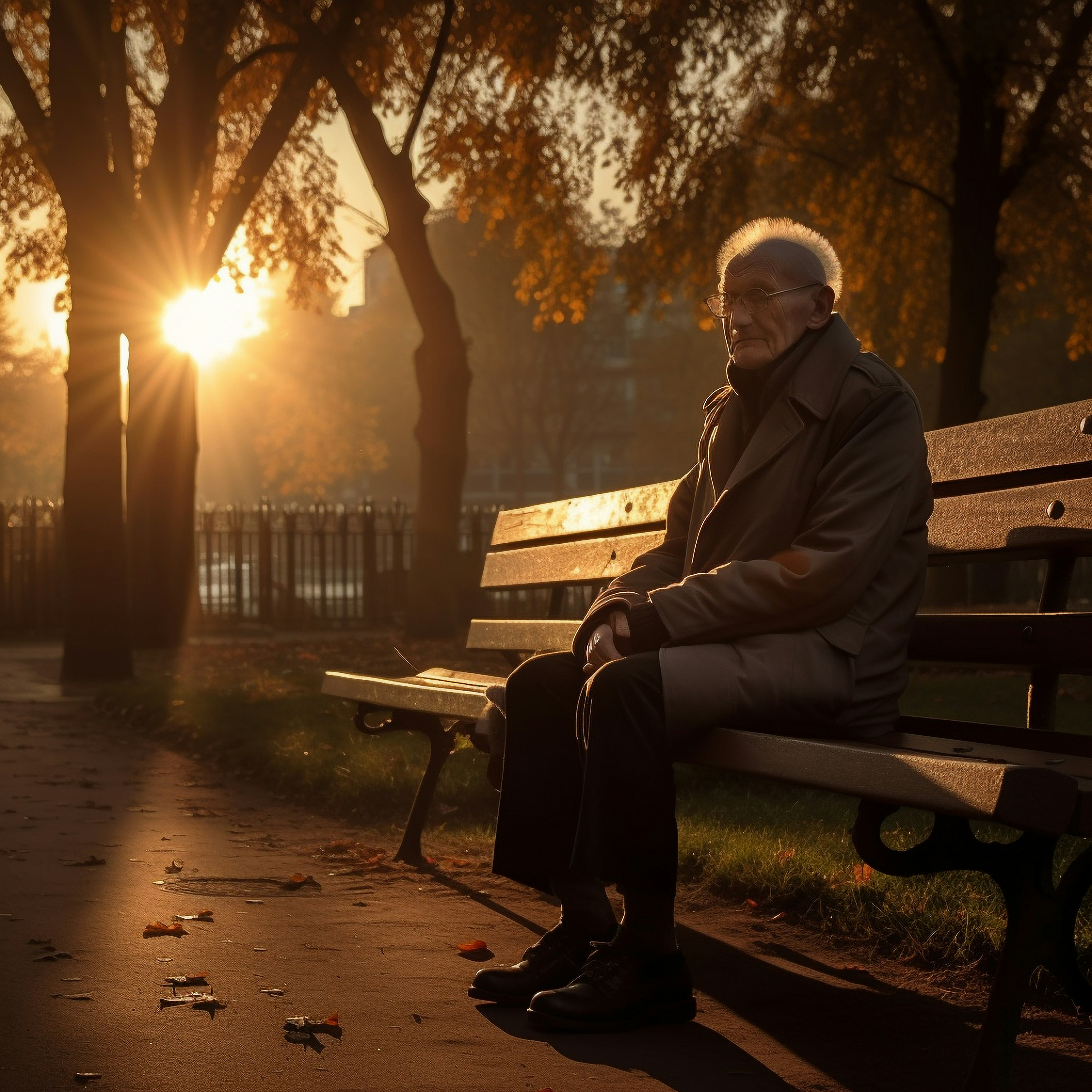 Elderly man sitting in warm golden afternoon light by a window, hands folded, looking outside, dark walnut interior tones