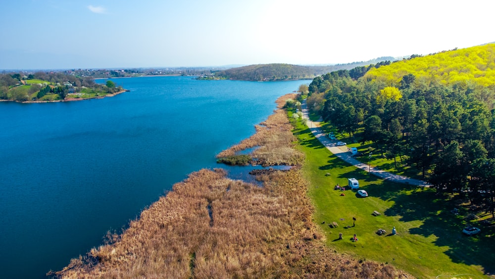 a large body of water surrounded by trees