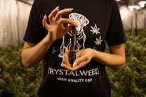 A person is holding a small bottle with a dropper in their hands. The person is wearing a black t-shirt featuring a design with a dog and cannabis leaves, along with the text 'CRYSTALWEED' and 'HIGH QUALITY CBD'. In the background, there are rows of cannabis plants, suggesting an indoor growing facility.