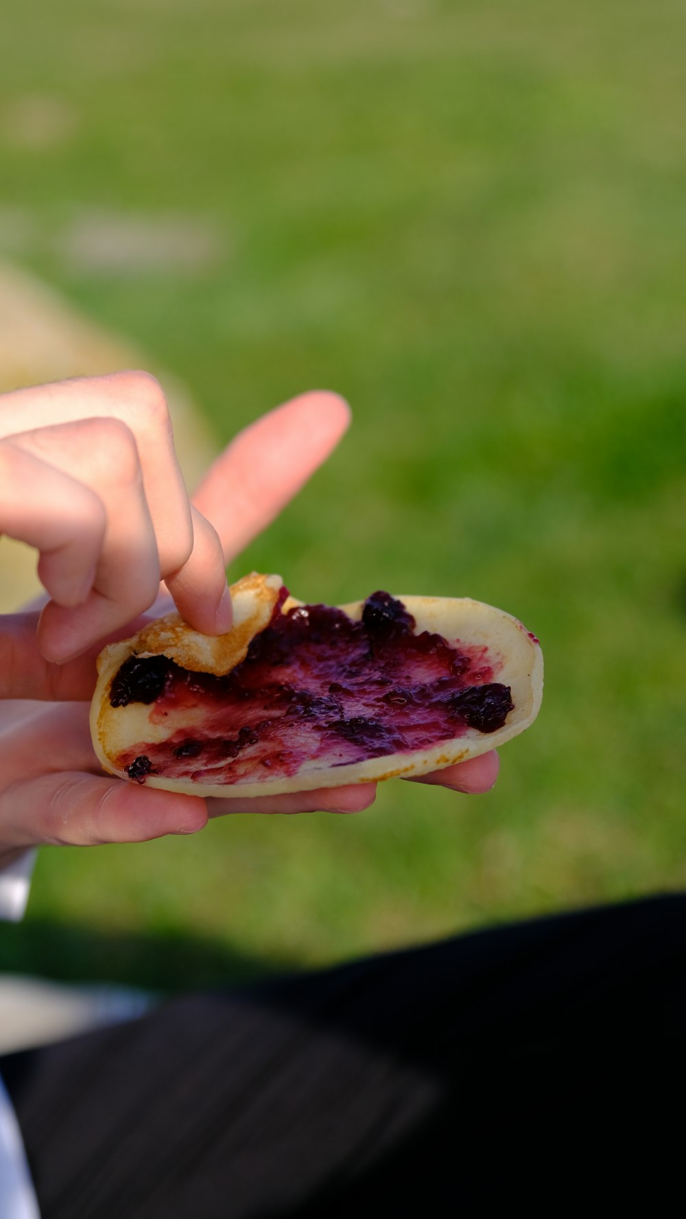 a person holding a piece of food in their hand