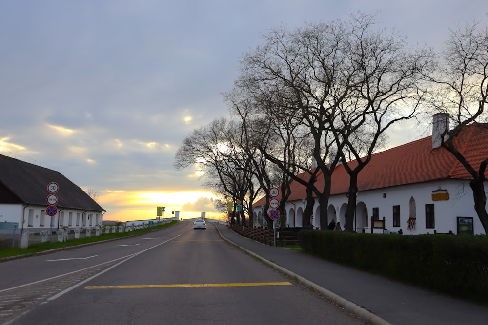 Una calle bordeada de casas blancas y árboles