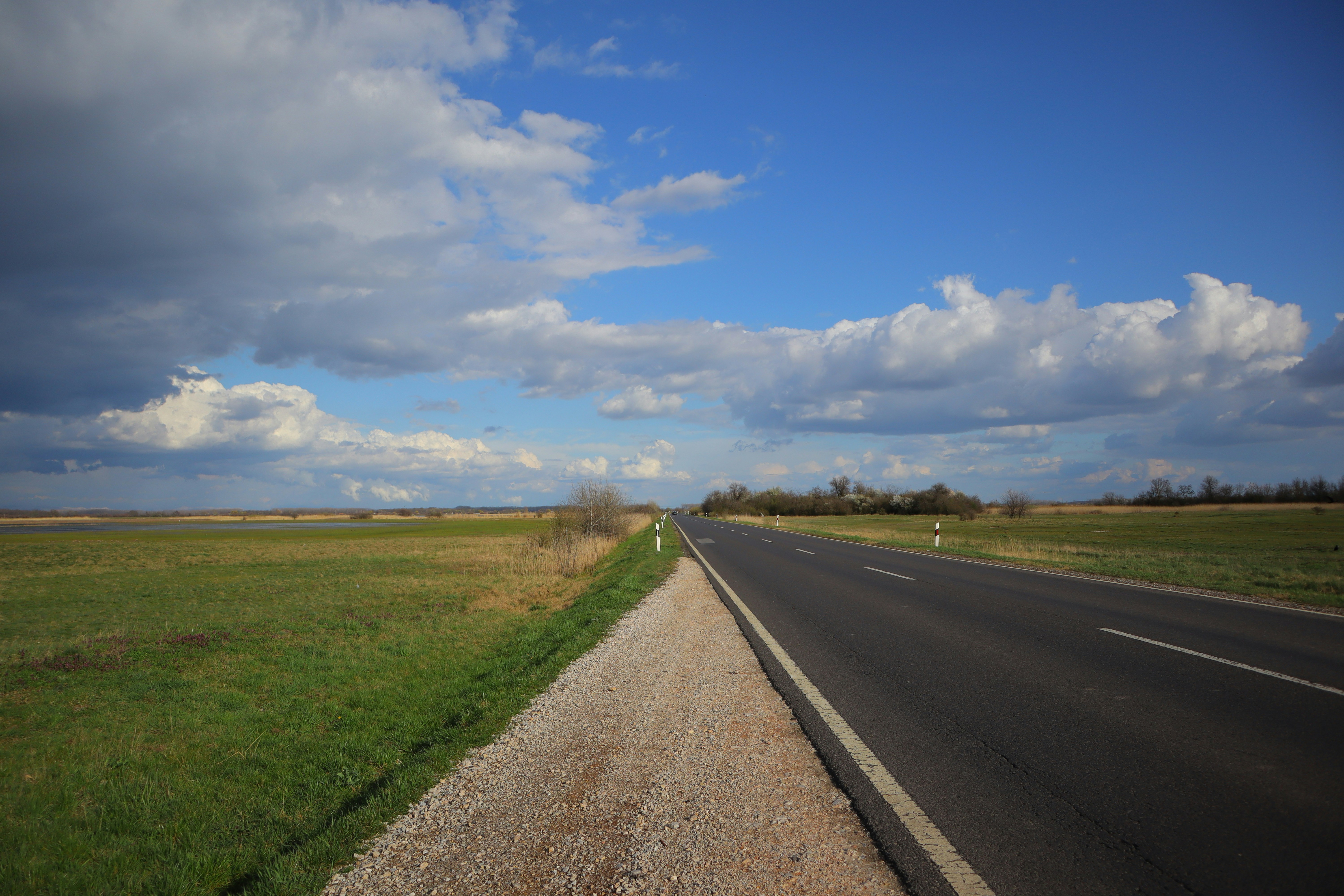 an empty road with a grassy field in the background