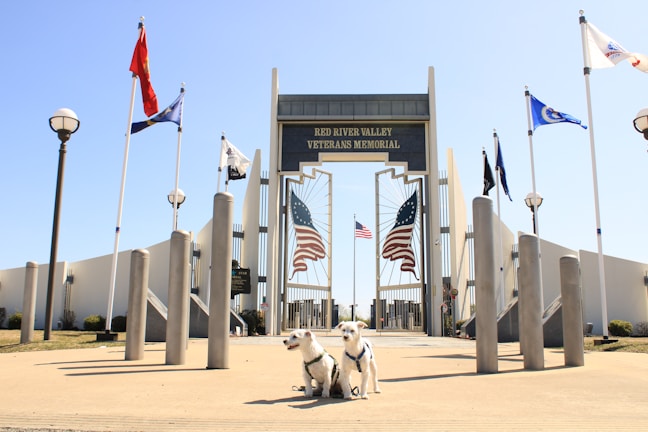 A memorial site with a prominent entrance featuring the words 'Red River Valley Veterans Memorial.' Several flags are positioned on tall poles, including American flags, with two dogs sitting on the pavement near the entrance. The structure has a blend of modern architecture with geometric patterns and is surrounded by clear skies.