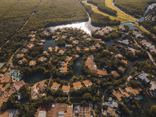 An aerial view of a lush, green landscape featuring a network of waterways interspersed with numerous buildings, most of which have brown roofs. The area is densely populated with trees, creating a natural and serene environment. The water reflects some sunlight, adding a dynamic quality to the scene.