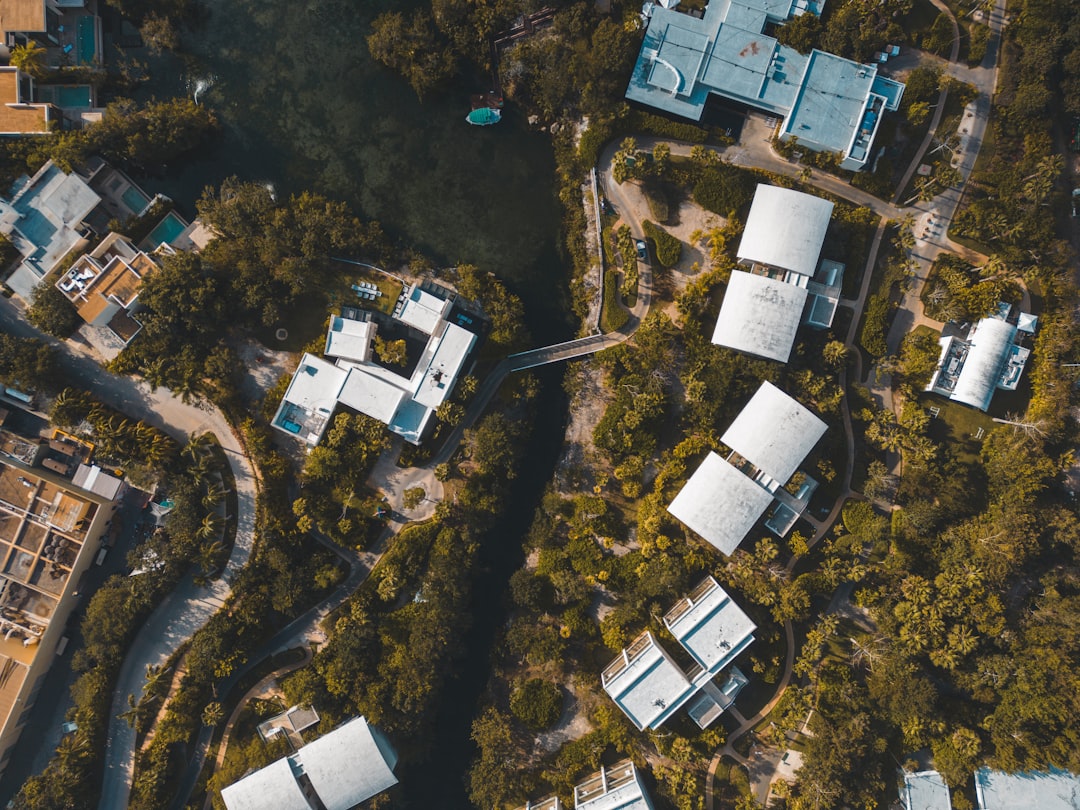 an aerial view of houses in a residential area,