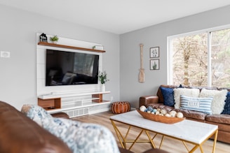 Cozy and neatly organized living room with comfortable seating and stylish storage solutions