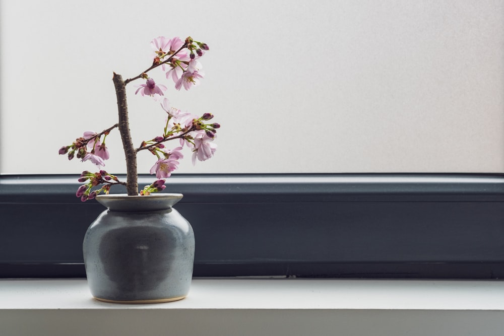 a vase with a branch in it sitting on a window sill