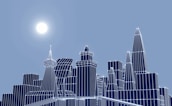 Wide view of a city skyline with digital network overlays.