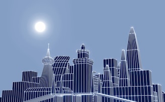 A digital cityscape with wireframe buildings in various heights and angular designs against a blue sky. The sun is positioned to the left, casting a bright glow, and the structures have a glowing outline.