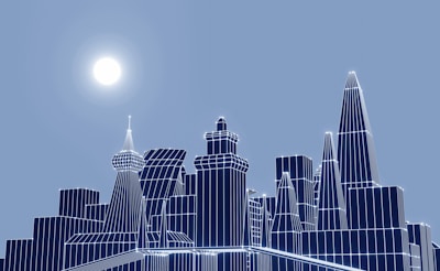 Cloud-shaped digital icons interconnected above a dark cityscape lit with teal and emerald lights.