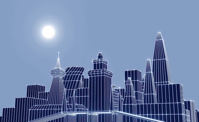A digital cityscape with wireframe buildings in various heights and angular designs against a blue sky. The sun is positioned to the left, casting a bright glow, and the structures have a glowing outline.