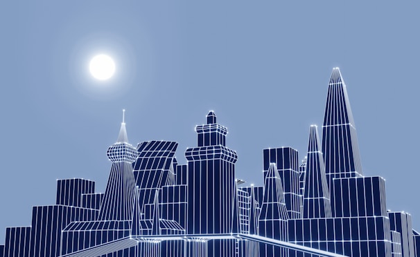 A digital cityscape with wireframe buildings in various heights and angular designs against a blue sky. The sun is positioned to the left, casting a bright glow, and the structures have a glowing outline.