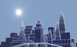 A digital 3D model of a futuristic cityscape displayed on a computer screen.