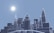 A digital cityscape with wireframe buildings in various heights and angular designs against a blue sky. The sun is positioned to the left, casting a bright glow, and the structures have a glowing outline.