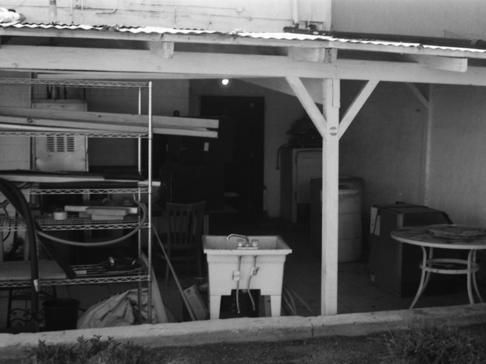 a black and white photo of a garage