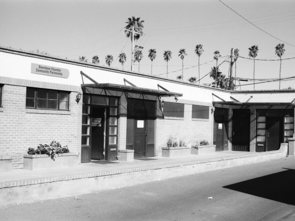 a black and white photo of a building with palm trees in the background