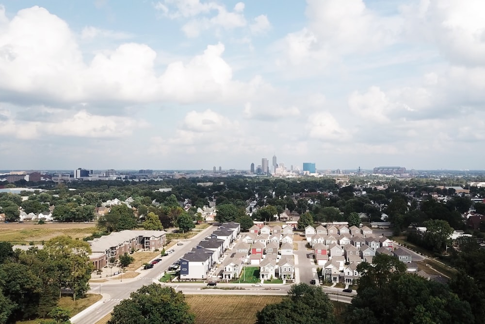 an aerial view of a city with lots of buildings