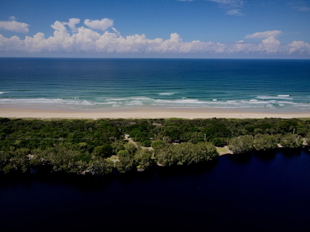 an aerial view of a beach and a body of water