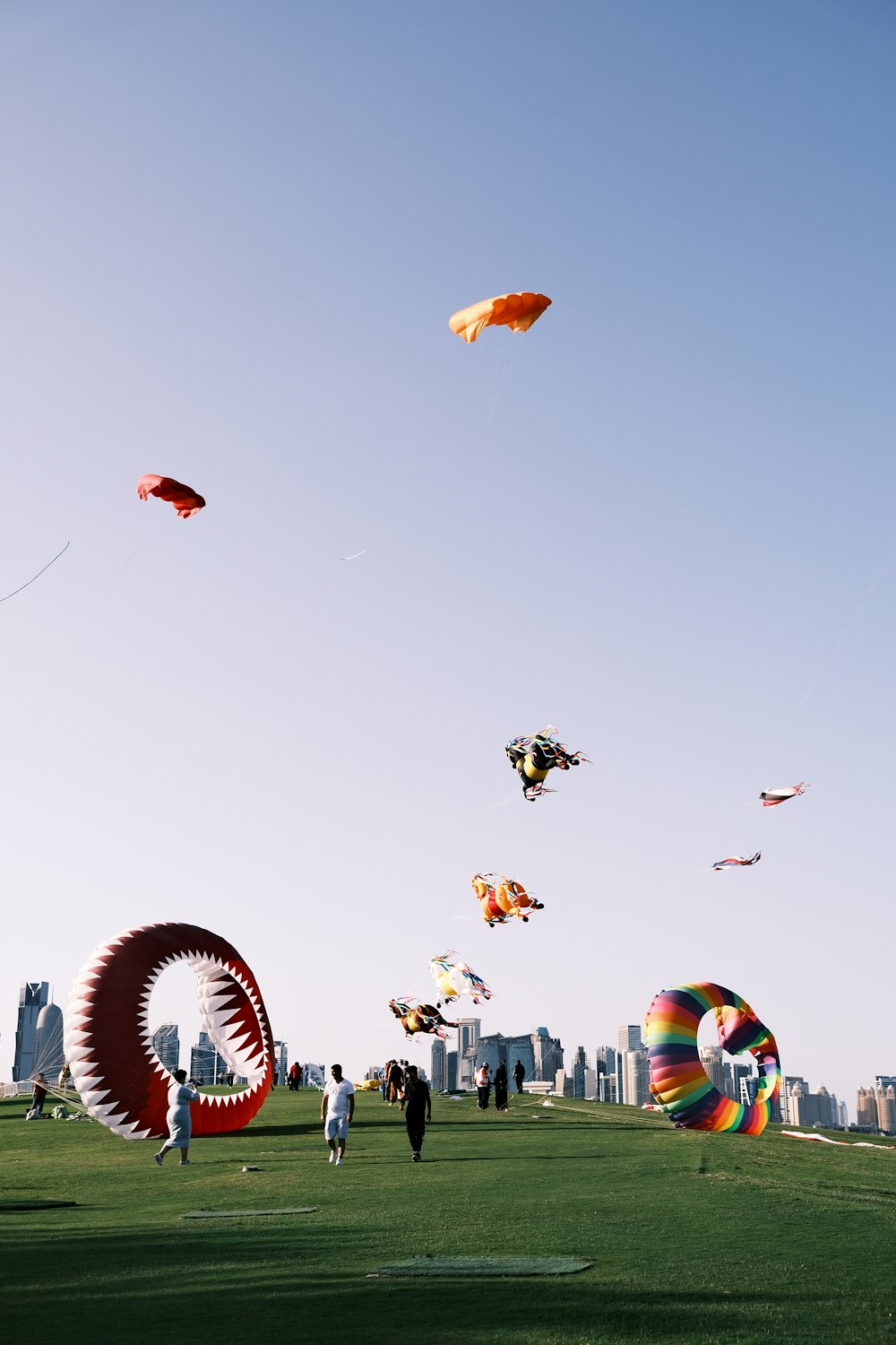 a group of people flying kites in a field