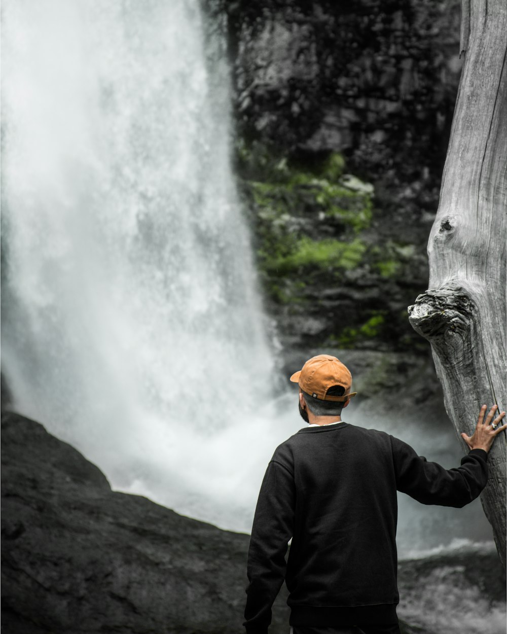 a man standing next to a tree near a waterfall