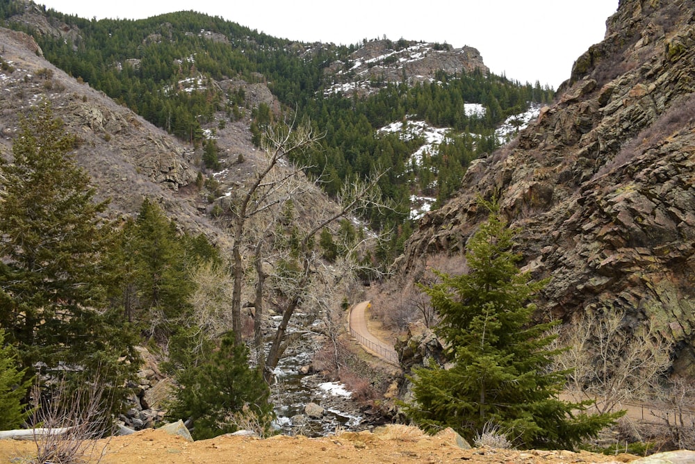 a view of a mountain with a road going through it