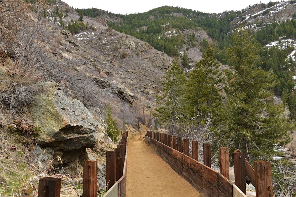 a dirt path with a wooden fence and a mountain in the background