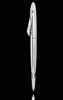 Metallic pen with a futuristic design resting on a smooth white surface, highlighted by emerald and amber reflections.