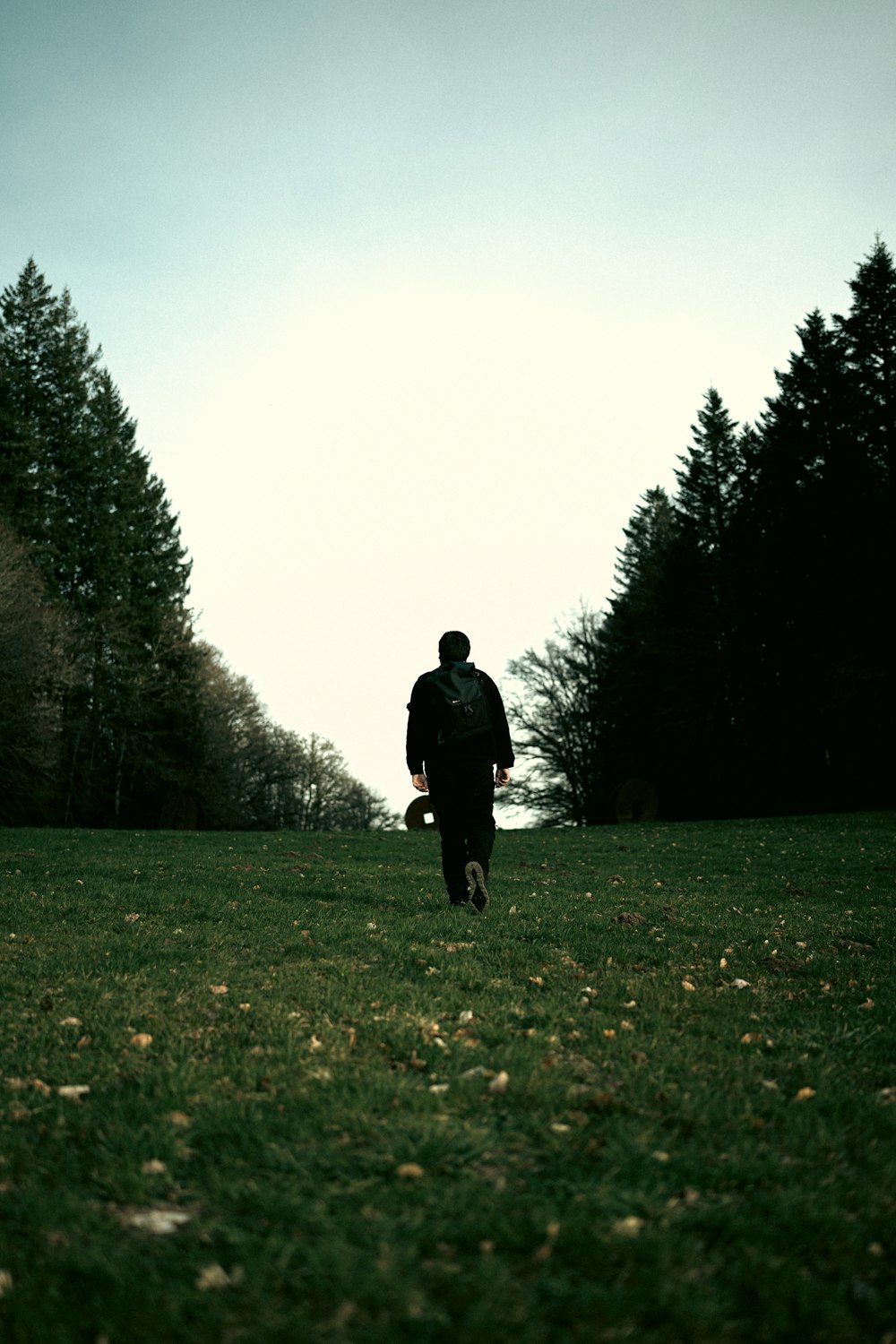 a man walking across a lush green field