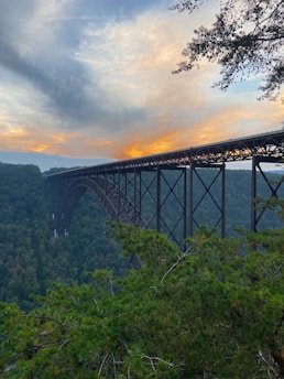 An elegant bridge arching over a river, surrounded by lush greenery and a setting sun.
