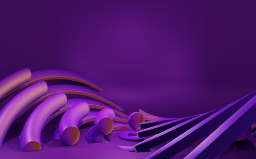 A surreal arrangement of curved and straight 3D shapes, primarily in shades of purple, creating a modern and abstract art piece.