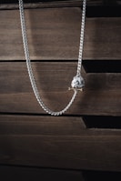 A silver necklace with a pendant, hanging against a background of textured, dark wooden drawers. The necklace has a sleek, twisted chain that adds a touch of elegance.